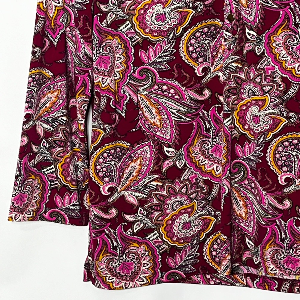 Madison Womens Paisley Blouse Burgundy Pink 3/4 Sleeve Button Front Top Size L - Picture 4 of 7